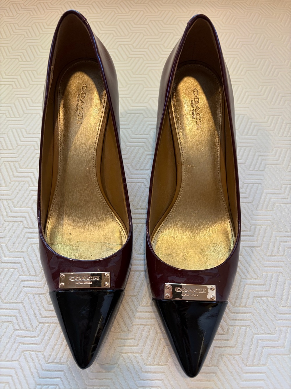 Coach Two-Tone Patent Leather Pointed Toe Pumps - Burgundy & Black